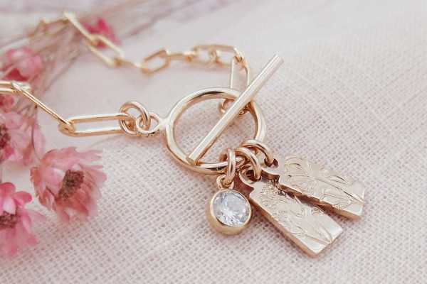 Birth Flower Mini Tags Toggle Clasp Necklace w. Paper Clip Chain + Tiny Crystal Charm For Discount