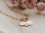 Birth Flower Mini Discs Toggle Clasp Necklace w. Paper Clip Chain on Sale