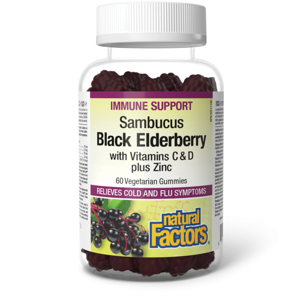 Natural Factors Sambucus Black Elderberry with Vitamins C & D + Zinc (60 Gummies) Supply